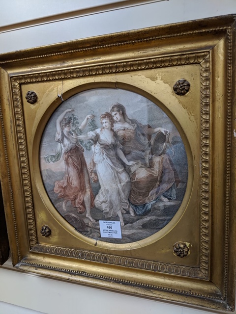 After Angelica Kauffman, a pair of coloured prints, Classical scenes, tondo, 27cm, frames overall 40 x 40cm